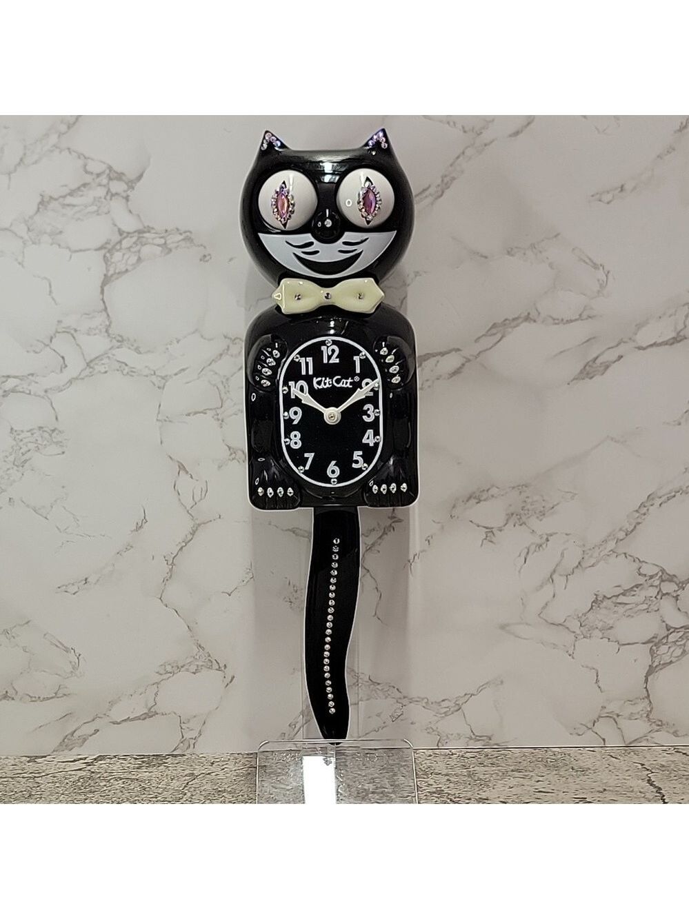 Jeweled Black Kit-Cat Klock clock with GLOW IN THE DARK BOW TIE - Picture 2 of 9